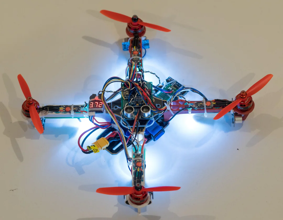 Custom-built quadcopter drone with LED lighting